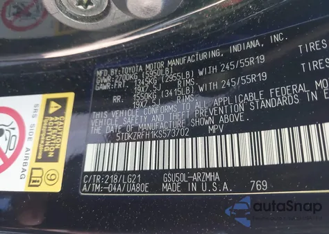 2019 Toyota Highlander Se из США, поврежденный, VIN 5TDKZRFH1KS573702